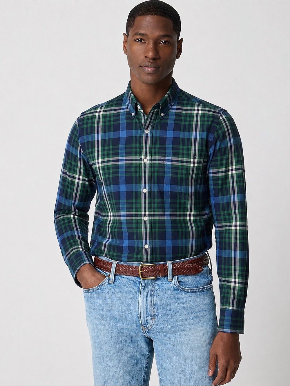 J. Crew Plaid Button Up Long Sleeve Slim Cotton Blue Green Size Medium *12